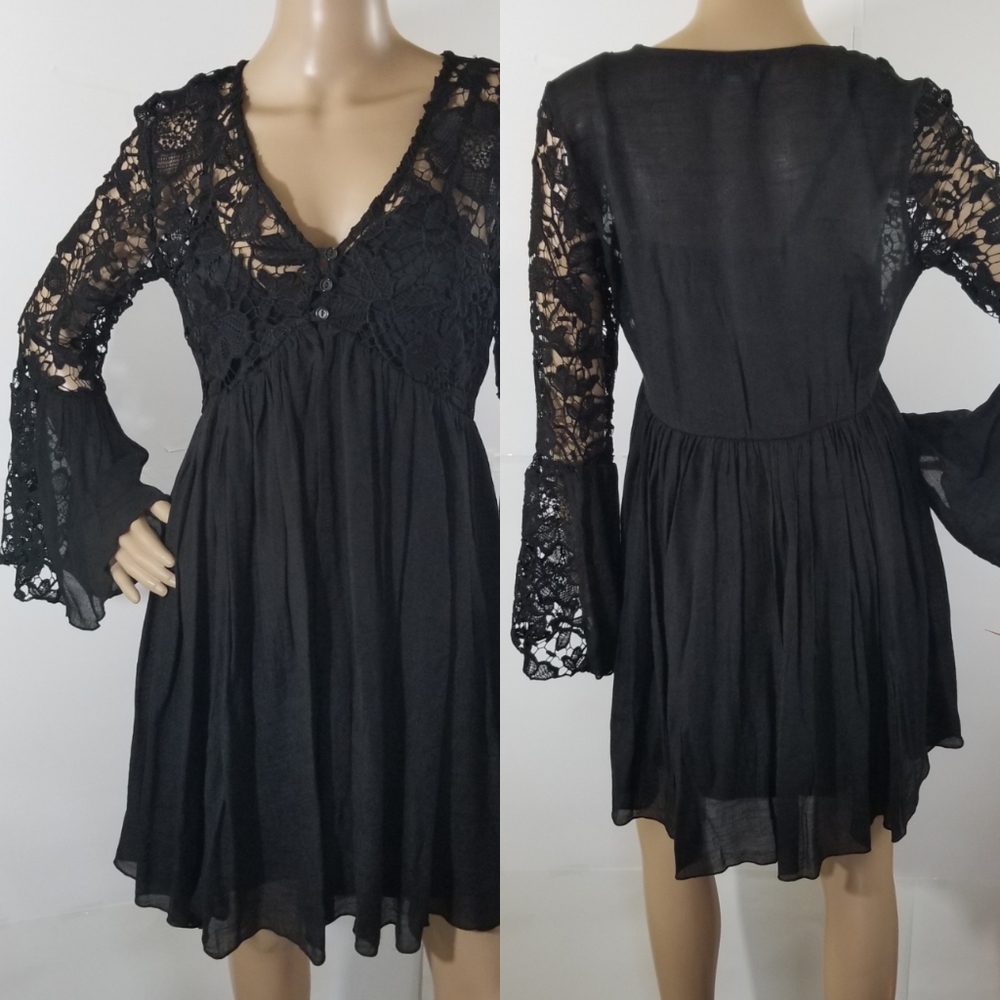 J Gee Y2k Black Lace Bell Sleeve Babydoll Dress Sz S Pleated V-neck Whimsigoth
